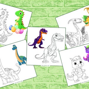 May include: A collection of dinosaur-themed coloring pages. The pages feature various dinosaurs in both color and line art, including a T-Rex, a Brontosaurus, and a Triceratops. The background is a green brick pattern.