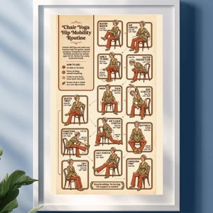 May include: A framed poster titled "Chair Yoga Hip Mobility Routine" with illustrations of seated yoga poses. The poster features a beige background with brown text and illustrations, and is designed to improve flexibility and ease for women aged 50-65.
