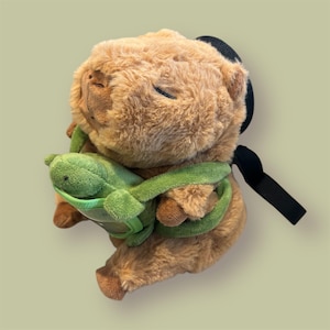 May include: A plush, brown capybara stuffed animal with a green turtle toy wrapped around it. The capybara has closed eyes, suggesting it is sleeping. A black strap is attached to the capybara's head. The background is a light green color.