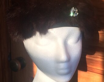 Vintage Brown Fur Hat Headband 1950s 1960s Mink Fur Pillbox Hat COCKTAIL FASCINATOR Headpiece