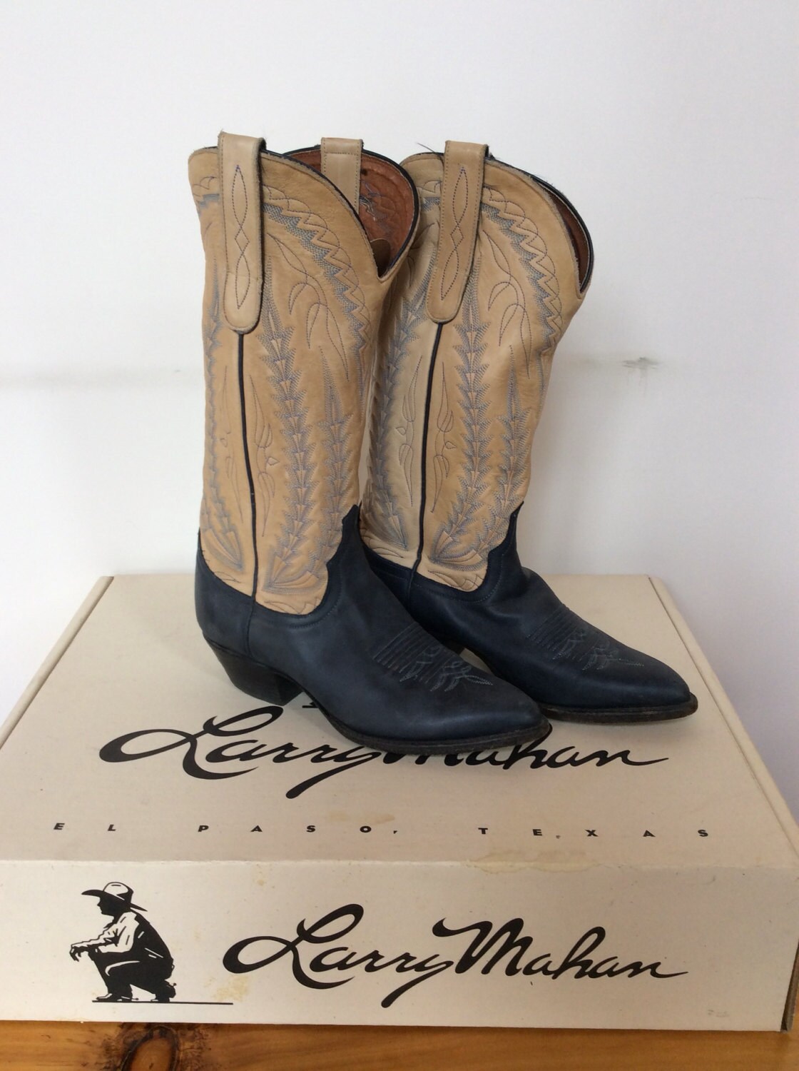Vintage Tan and Dark Blue Cowboy Boots 