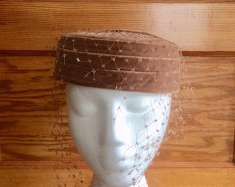 Vintage Brown Velvet Velour Pillbox Hat Cocktail Hat Fascinator Netted Hat