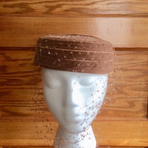 Vintage Brown Velvet Velour Pillbox Hat Cocktail Hat Fascinator Netted Hat