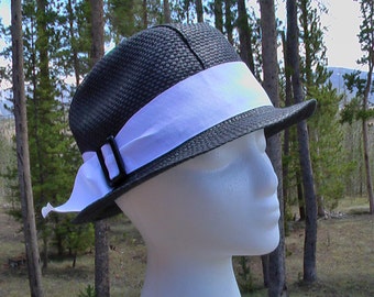 Vintage Black Fedora With White Grosgrain Ribbon and Black Buckle