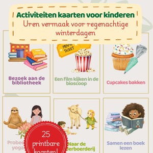 May include: A colorful poster with illustrations of children's activities. The text reads "Activity cards for children" and "Hours of fun for rainy winter days." Includes images of a library, movie ticket, popcorn, cupcakes, yoga, farm, and reading.