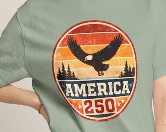 America 250 Eagle T-Shirt | Retro Sunset Flag Badge
