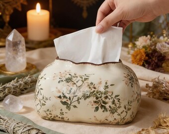 Floral Ceramic Tissue Box Cover Vintage Scalloped Tissue Holder Elegant Botanical Home Bathroom Decor
