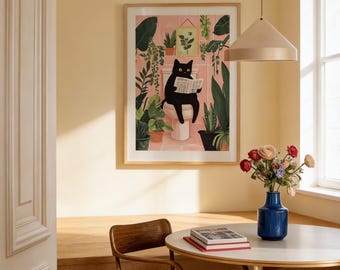 Funny Bathroom Wall Art Cat Print | Vintage Toilet Humor Poster | Black Cat Bathroom Decor | Maximalist Wall Art | Cat Lover Gift