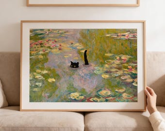 Black Cat Monet Water Lily Print, Funny Cat Wall Art, Impressionist Cat Poster, Cat Lover Gift, Cat Art Print, Home Decor