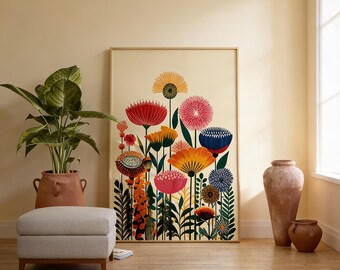 Colorful Botanical Floral Wall Art Print, Modern Flower Poster, Vibrant Nature Artwork, Unframed Boho Living Room Decor