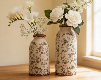 Jarrón de cerámica floral vintage, jarrón rústico hecho a mano para flores, decoración del hogar estilo cottagecore, jarrón de cerámica con rosas decorativas