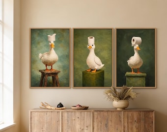 Set of 3 Funny Duck Bathroom Posters, Vintage Animal Wall Art Prints, Humorous Bathroom Decor, Unframed Home Artwork