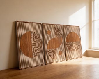 Abstract Boho Canvas Wall Art Set, Bauhaus Geometric Prints, Mid Century Modern 3 Panel Decor, Japandi Living Room Artwork