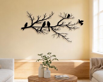 Birds on Branch Metal Wall Art, Rustic Outdoor Bird Decor, Metal Tree Wall Sculpture, Farmhouse Patio Garden Decoration