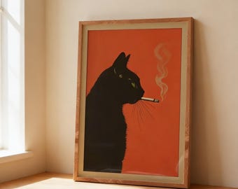 Vintage Smoking Black Cat Poster, Funny Retro Cat Wall Art Print, Whimsical Kitchen Bar Cart Decor, Unframed Animal Artwork
