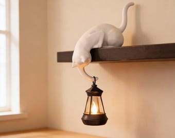 Adorno para estante con forma de gato y farol colgante. Decoración adorable para estantería. Vela LED. Regalo ideal para el hogar.