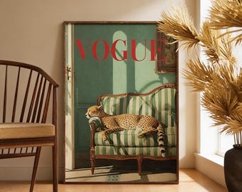 Vintage Leopard Vogue Wall Art Print, Fashion Magazine Animal Poster, Chic Retro Editorial Decor, Unframed Apartment Artwork
