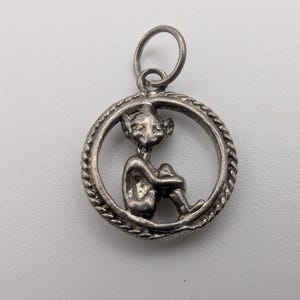 Könnte beinhalten: Silberfarbener Anhänger mit einer sitzenden Elfenfigur in einem kreisförmigen Rahmen. Der Rahmen hat ein gedrehtes Seildesign. Der Elf hat spitze Ohren und umarmt seine Knie. Der Anhänger hat oben eine kleine Schlaufe für eine Kette.