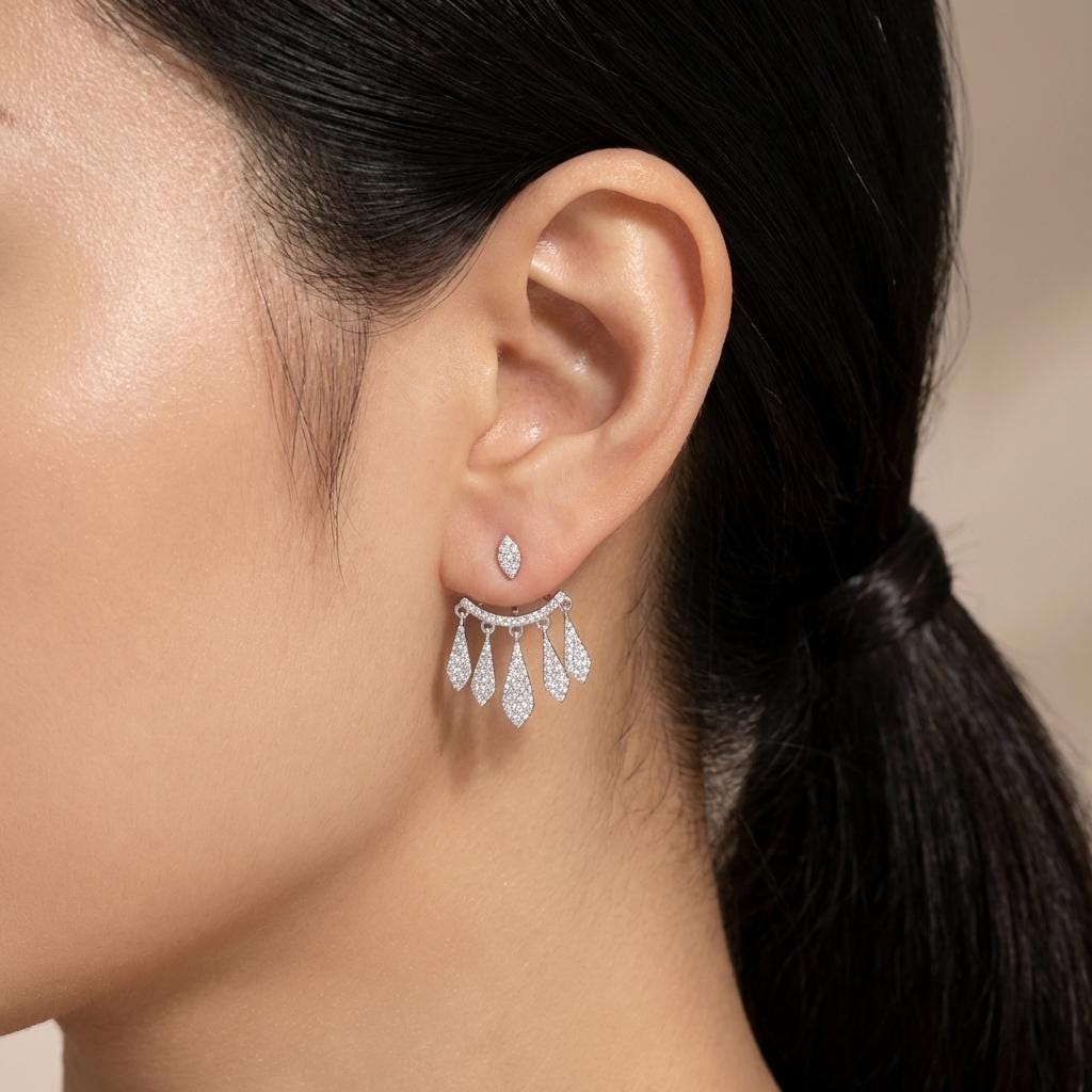 Teardrop Cubic Zirconia Ear Jacket Earrings, Sterling Silver