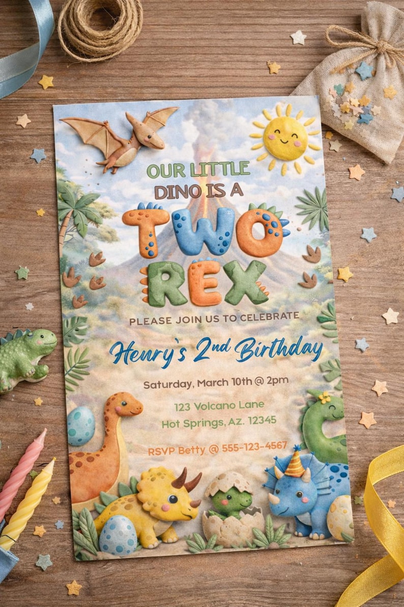 K&ouml;nnte beinhalten: Eine farbenfrohe Geburtstagseinladung zum Thema Dinosaurier mit dem Text "Our Little Dino is a Two Rex". Die Einladung enth&auml;lt Illustrationen von Dinosauriern, einer Sonne und dem Text "Henry's 2nd Birthday". Die Einladung ist mit sternf&ouml;rmigem Konfetti verziert.