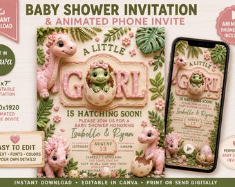 Baby Girl Dinosaur Baby Shower Invitation, Pink Dino Baby Shower, A Little Girl Is Hatching Soon, Printable Baby Shower Invite