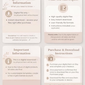 K&ouml;nnte beinhalten: Infografik mit Informationen zum digitalen Download. Enth&auml;lt Details zu Erwartungen, wichtige Informationen und Anweisungen zum Kauf/Download. Der Text ist in einem &uuml;bersichtlichen Format mit neutraler Farbpalette gehalten.