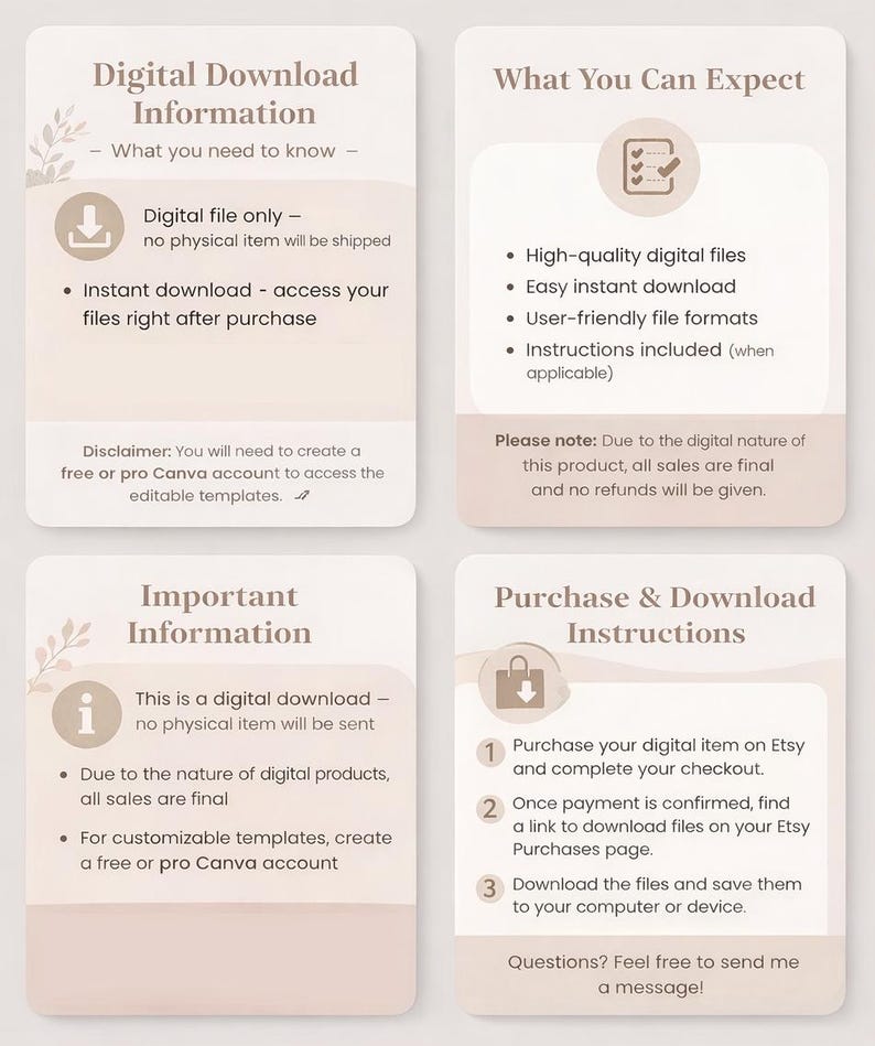 K&ouml;nnte beinhalten: Infografik mit Informationen zum digitalen Download. Enth&auml;lt Details zu Erwartungen, wichtige Informationen und Anweisungen zum Kauf/Download. Der Text ist in einem &uuml;bersichtlichen Format mit neutraler Farbpalette gehalten.
