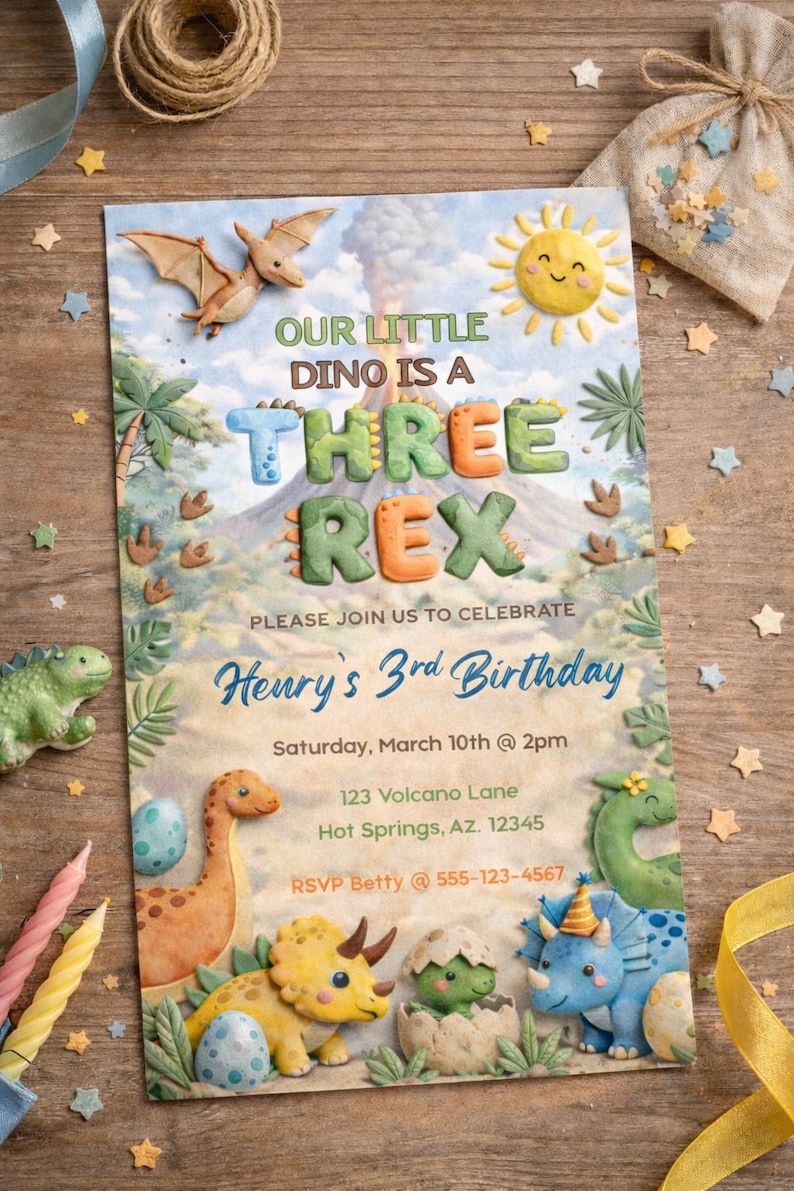 K&ouml;nnte beinhalten: Eine Geburtstagseinladung zum Thema Dinosaurier mit dem Text "Our Little Dino is a Three Rex". Die Einladung enth&auml;lt Illustrationen von Dinosauriern, einem Vulkan und einer l&auml;chelnden Sonne. Die Einladung ist f&uuml;r Henrys 3. Geburtstag.