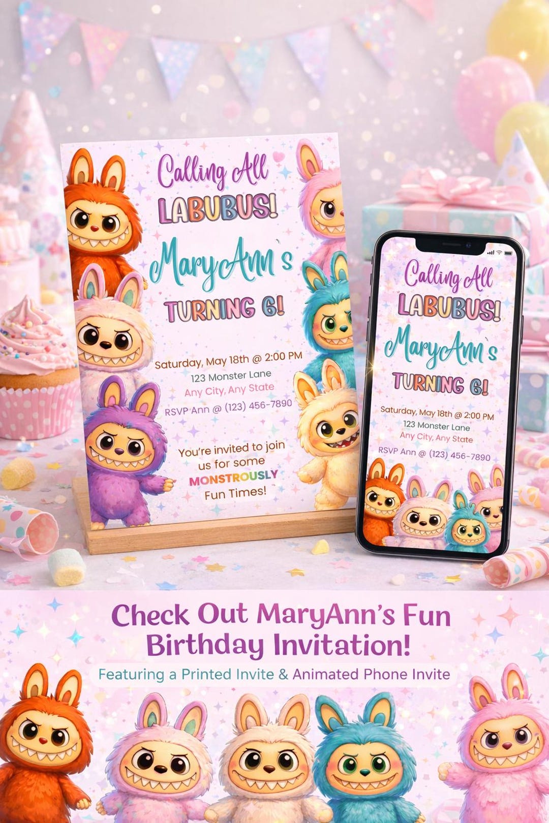 Labubu Party Animation Labubu Birthday Invitation, Animated Phone Invite, Pastel Monster Party ...