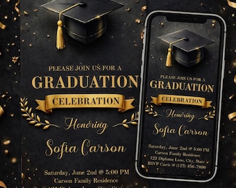 Schwarz und Gold Graduierung Einladung Vorlage, elegante Party einladen (druckbar & Telefon einladen, bearbeitbarer Text)