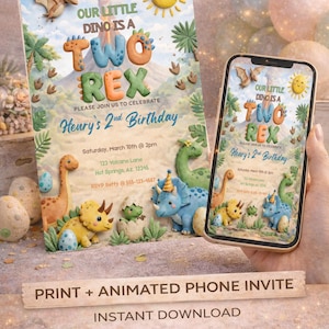May include: A birthday invitation with a dinosaur theme. The invitation features the text "Our Little Dino is a Two Rex" and includes a phone displaying the same design. The invitation is for Henry's 2nd birthday.