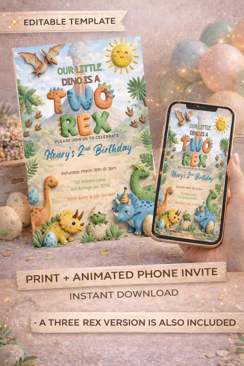 K&ouml;nnte beinhalten: Eine Geburtstagseinladung mit Dinosaurier-Motiv. Die Einladung zeigt den Text "Our Little Dino is a Two Rex" und ein Telefon, das das gleiche Design anzeigt. Die Einladung ist f&uuml;r Henrys 2. Geburtstag.