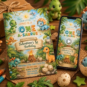May include: A birthday invitation and a smartphone screen display a colorful dinosaur theme. The invitation reads "Our Little Dino is a One-A-Saurus" and "Sebastian's 1st Birthday." The phone screen shows the same design. Decorative dinosaur figurines and pencils surround the invitation.