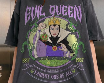 ヴィンテージ風の邪悪な女王のハロウィンシャツ、ディズニーヴィランズのコンフォートカラーズTシャツ、毒りんごのグラフィック、白雪姫テーマパーク旅行のギフト（女性ファン向け）