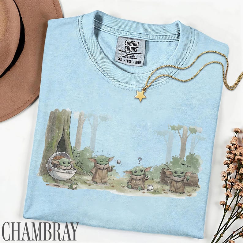 Pu&ograve; includere: T-shirt azzurra con una grafica di Grogu da The Mandalorian. Il design mostra Grogu in un ambiente forestale con altri personaggi. Una collana con pendente a stella dorata &egrave; drappeggiata sulla maglietta. La maglietta ha un'etichetta "Comfort Colors".