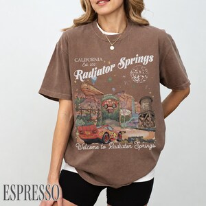 May include: A brown short-sleeve t-shirt featuring a graphic print of Radiator Springs with a red race car, desert rock formations, and a water tower. The text reads California Est. 2012, Radiator Springs, and Welcome to Radiator Springs.