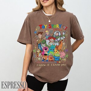 May include: A brown short-sleeve t-shirt featuring a colourful graphic print of Toy Story characters including Woody, Buzz Lightyear, and Jessie. The design includes the text "TOY STORY" and "I knew it I knew you" with scribbled line art accents.