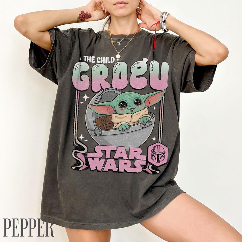 Vintage Star Wars Grogu Comfort Colors Shirt, Disney Baby Yoda Tee, Retro Sci Fi Mandalorian Gift Shirt, Cute Fan Disney Family Trip Outfits Pepper/ Charcoal