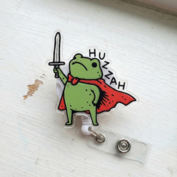 Huzzah Frog Badge Reel, Funny Frog Knight ID Holder, Medieval Sword Frog Retractable Badge Reel, Cute Nurse Gift