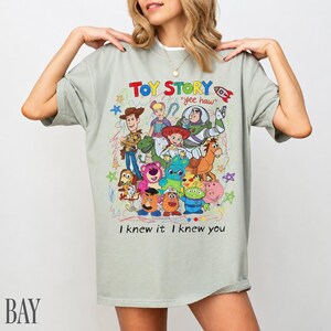 May include: A light grey short-sleeve t-shirt featuring a colourful graphic print of Toy Story characters including Woody, Buzz Lightyear, and Jessie. The text reads "TOY STORY", "yee haw", and "I knew it I knew you" with hand-drawn style stars.