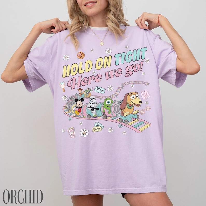 May include: A light purple t-shirt with a colorful graphic of a cartoon roller coaster featuring Mickey Mouse, Woody, a Stormtrooper, an alien, and Slinky Dog. The text "HOLD ON TIGHT Here we go!" is above the roller coaster.