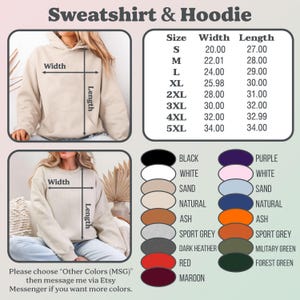 May include: An image displaying a beige hoodie and a beige sweatshirt, alongside a size chart with measurements in inches. The image also features a colour chart with options such as black, white, and sand. The text on the image reads "Sweatshirt & Hoodie".