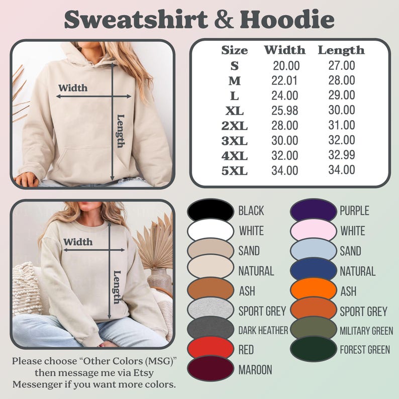 May include: An image displaying a beige hoodie and a beige sweatshirt, alongside a size chart with measurements in inches. The image also features a colour chart with options such as black, white, and sand. The text on the image reads "Sweatshirt & Hoodie".
