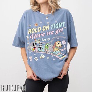 May include: A light blue t-shirt with a colorful graphic featuring Disney characters on a roller coaster, with the text "HOLD ON TIGHT Here we go!". The shirt has short sleeves and a relaxed fit.