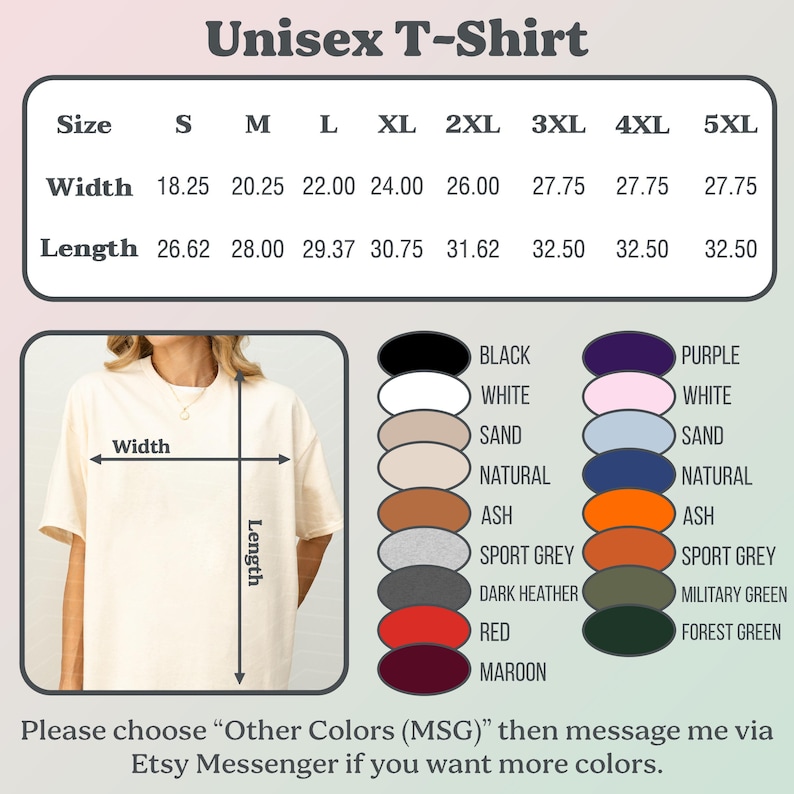 May include: A cream-coloured unisex t-shirt with size and colour options. The size chart shows widths from 46.35 cm to 70.49 cm and lengths from 67.62 cm to 82.55 cm. Colour options include black, white, sand, and red.