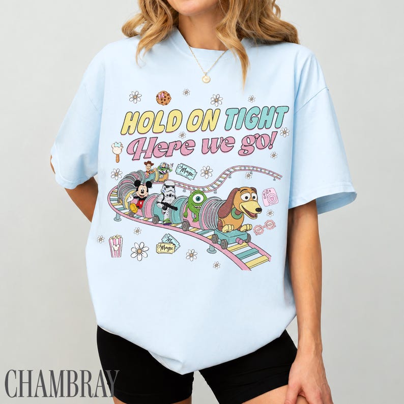 May include: Light blue t-shirt with a colorful graphic featuring Disney characters on a roller coaster, with the text "HOLD ON TIGHT Here we go!". The design includes Mickey Mouse, a Stormtrooper, and Slinky Dog.
