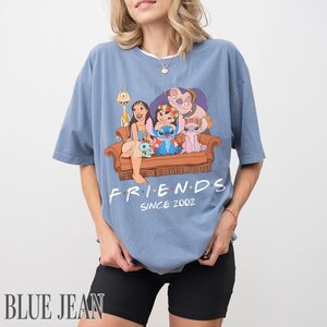 May include: A pale blue t-shirt with a cartoon graphic of Lilo & Stitch characters on a brown sofa. The word "FRIENDS" is printed in white, with "SINCE 2002" below. The shirt is worn by a person.