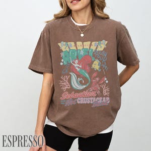 Puede incluir: Una camiseta marr&oacute;n de manga corta con un estampado gr&aacute;fico de Ariel, Flounder y Sebasti&aacute;n con el texto "Ariel Ocean Tour 1991" y "Sebastian with the Hot Crustacean Band" en colores azul, rojo y amarillo en la parte frontal de la prenda.