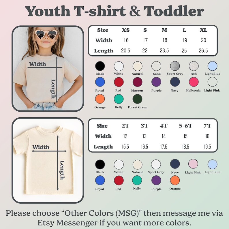 May include: A size chart for youth and toddler t-shirts, with measurements in inches. The chart includes width and length dimensions. Available colours include black, white, and other options. Text reads "Youth T-shirt & Toddler".