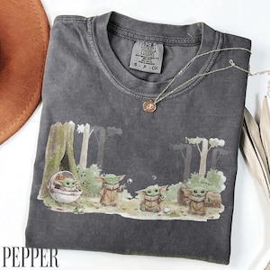 Pu&ograve; includere: Una maglietta grigio scuro con una grafica di Grogu in una scena di foresta. Il design include Grogu in una capsula e altri personaggi di Grogu. Una collana d'oro con un ciondolo &egrave; drappeggiata sulla maglietta. La maglietta &egrave; etichettata "Comfort Colors".